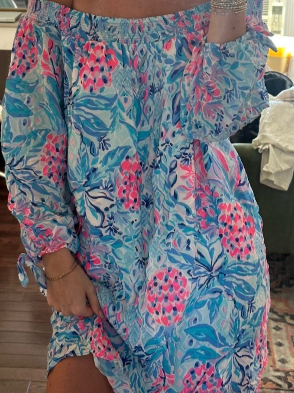Lilly Pulitzer Off-Shoulder Mini Dress in Blue & Pink Floral